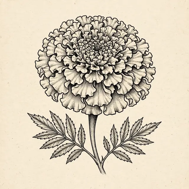 Black ink fine line drawing of a layered marigold bloom with serrated leaves on cream paper