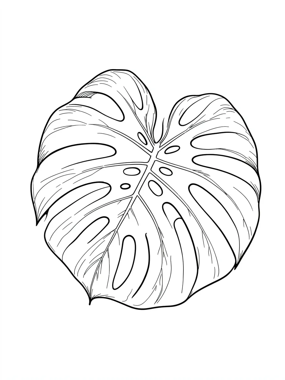 Black fine line ink drawing of a monstera leaf with characteristic splits and holes on a plain white background