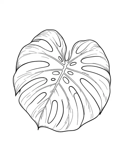 Black fine line ink drawing of a monstera leaf with characteristic splits and holes on a plain white background