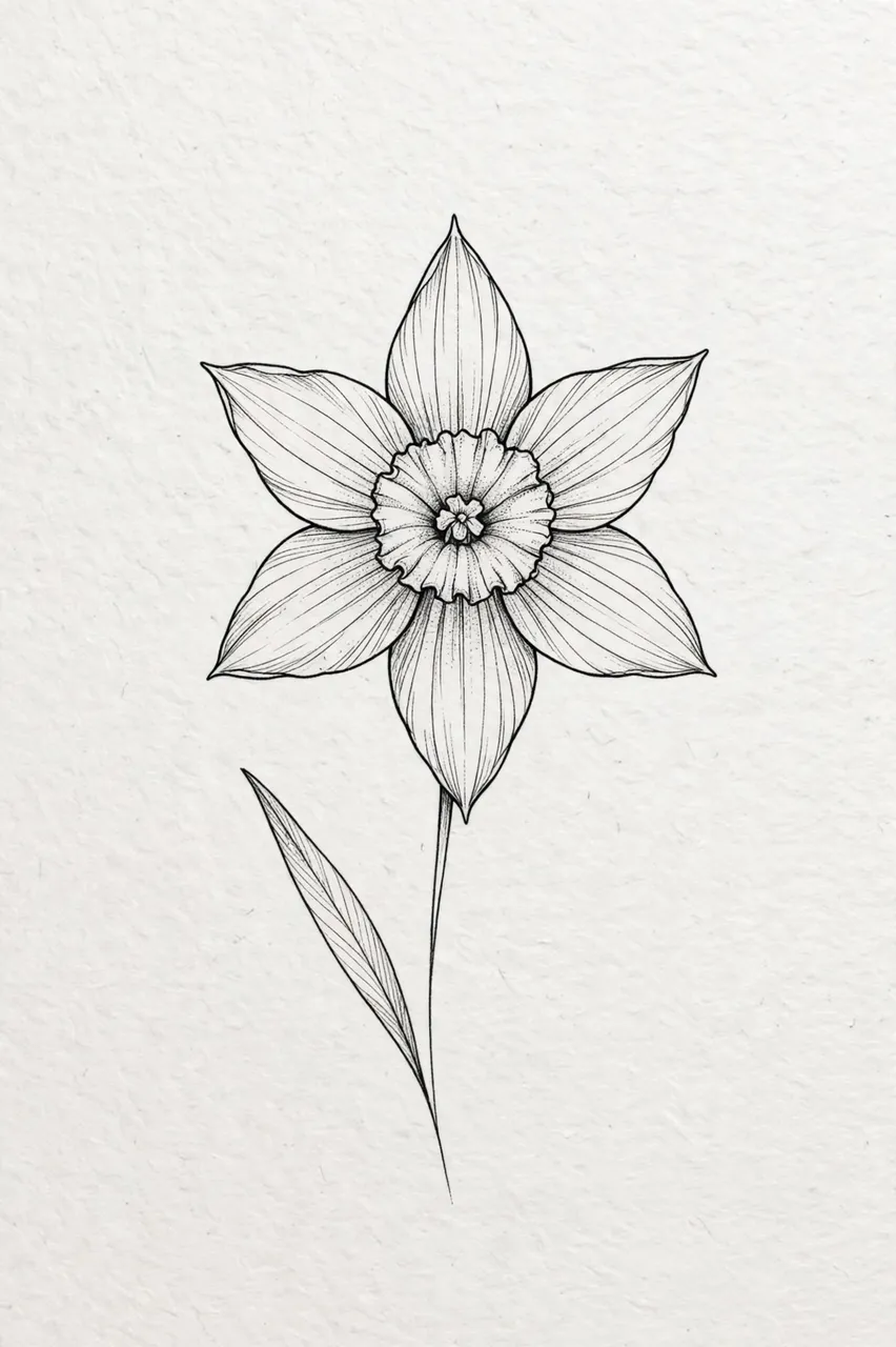 Detailed fine line drawing of a narcissus flower with one slender leaf on textured off-white paper