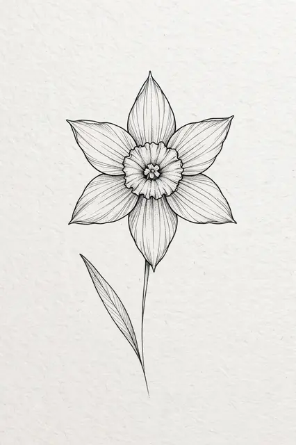 Detailed fine line drawing of a narcissus flower with one slender leaf on textured off-white paper