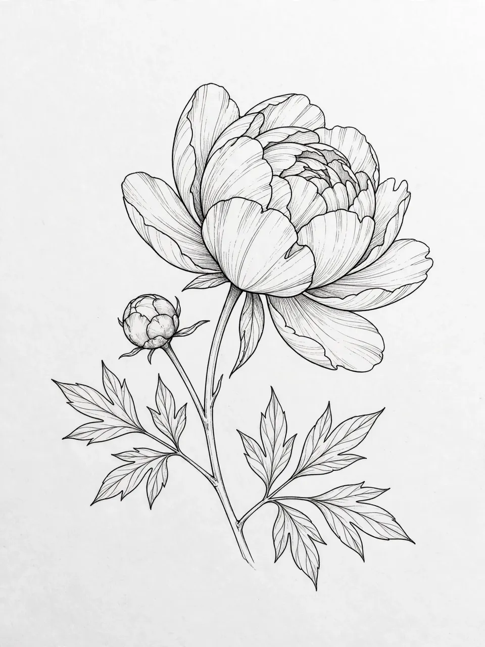 Delicate black ink fine line illustration of a half-open peony flower, small bud and lobed leaves on pale paper
