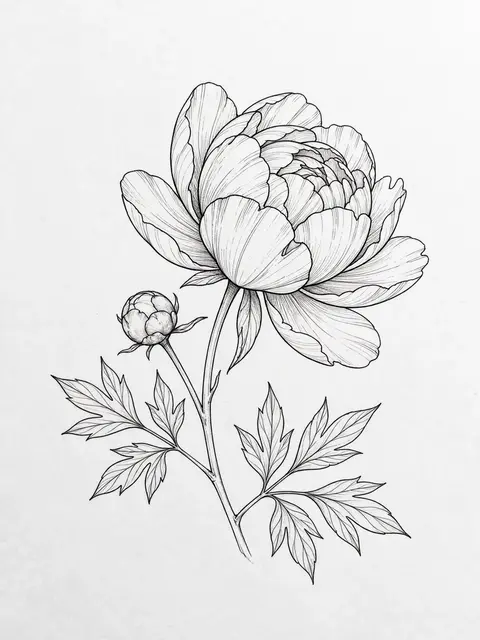 Delicate black ink fine line illustration of a half-open peony flower, small bud and lobed leaves on pale paper