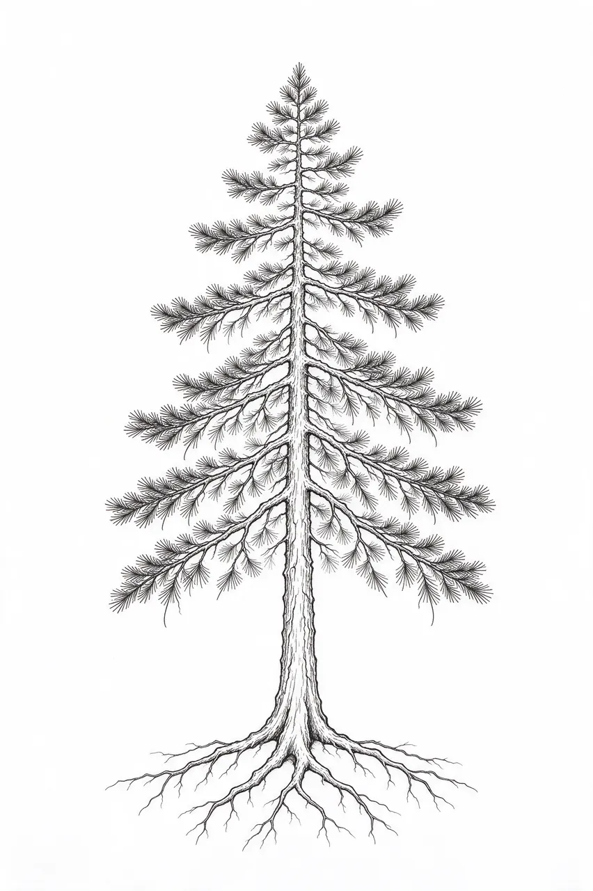 Delicate black fine line drawing of a tall pine tree with visible exposed roots on plain white background