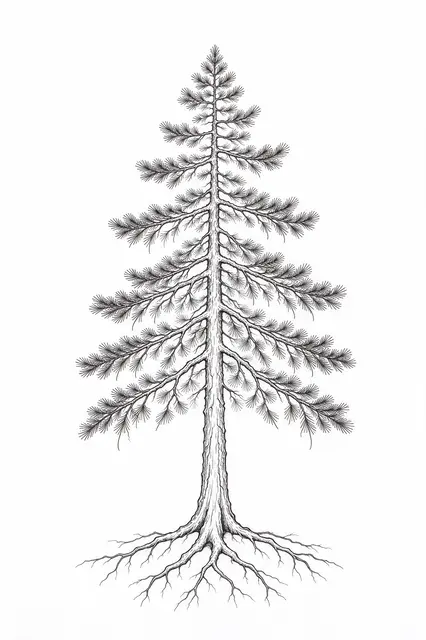 Delicate black fine line drawing of a tall pine tree with visible exposed roots on plain white background