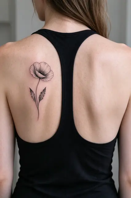 Back view of a woman showing a fine line poppy tattoo on her shoulder blade above a black racerback top