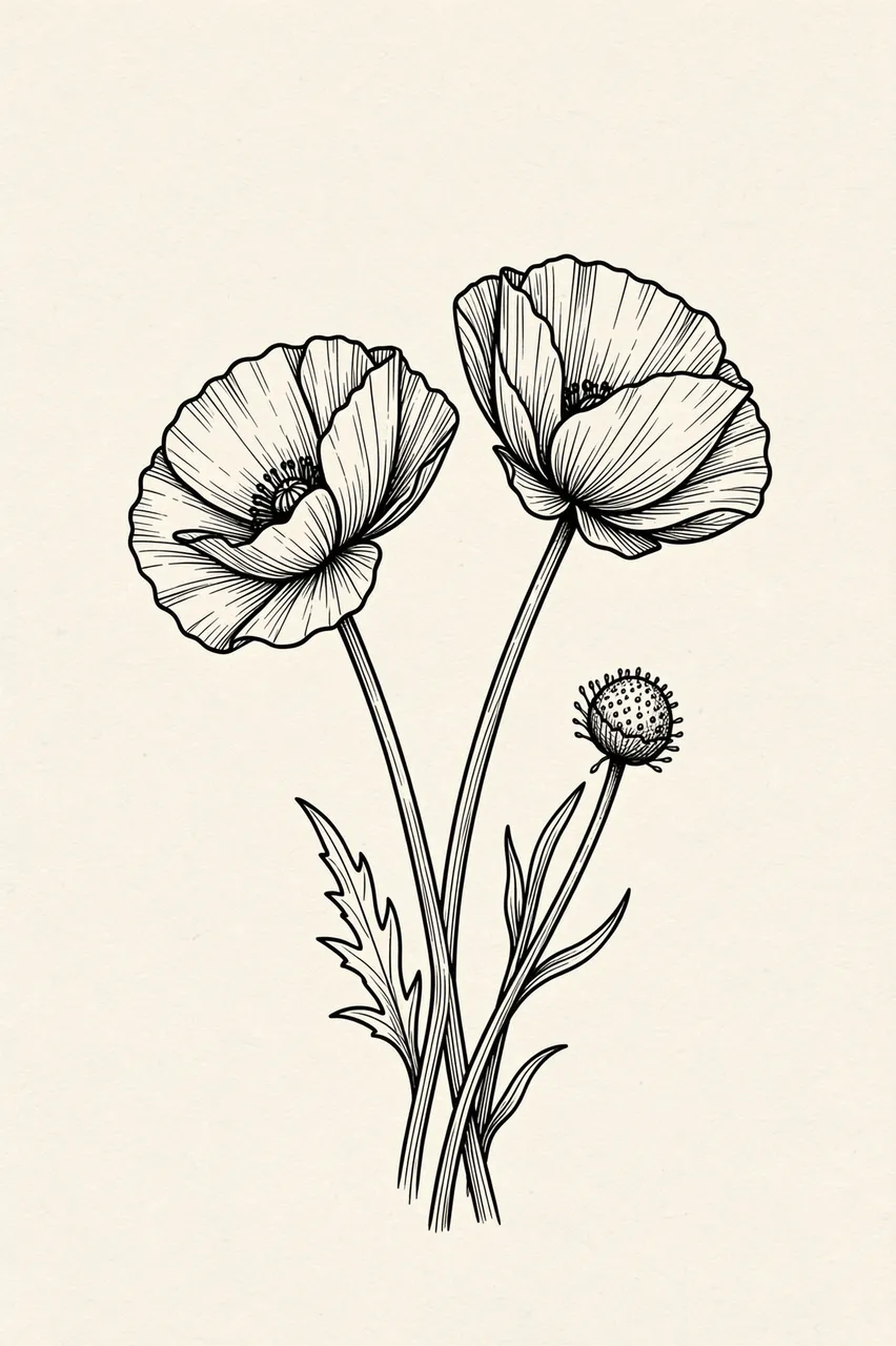 Black ink fine line illustration of two poppies and a seed head on off-white paper