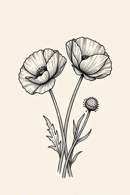 Black ink fine line illustration of two poppies and a seed head on off-white paper