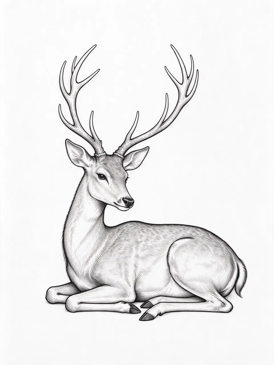 A detailed black fine line drawing of a lying stag with tall antlers on plain white paper