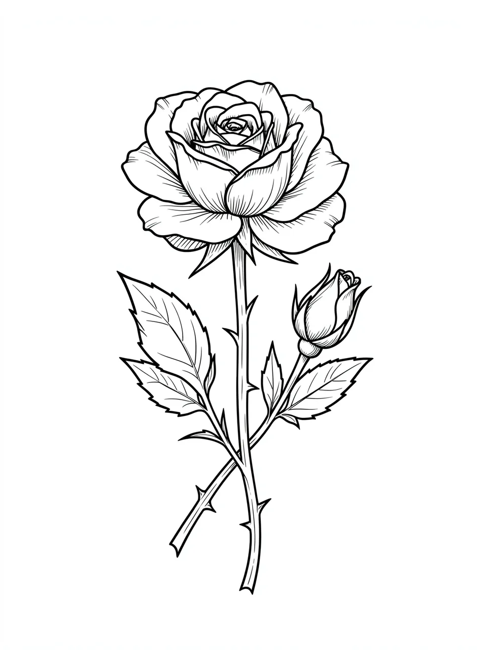 Black ink fine line illustration of an open rose bloom, closed bud, and thorny stem on a plain white background