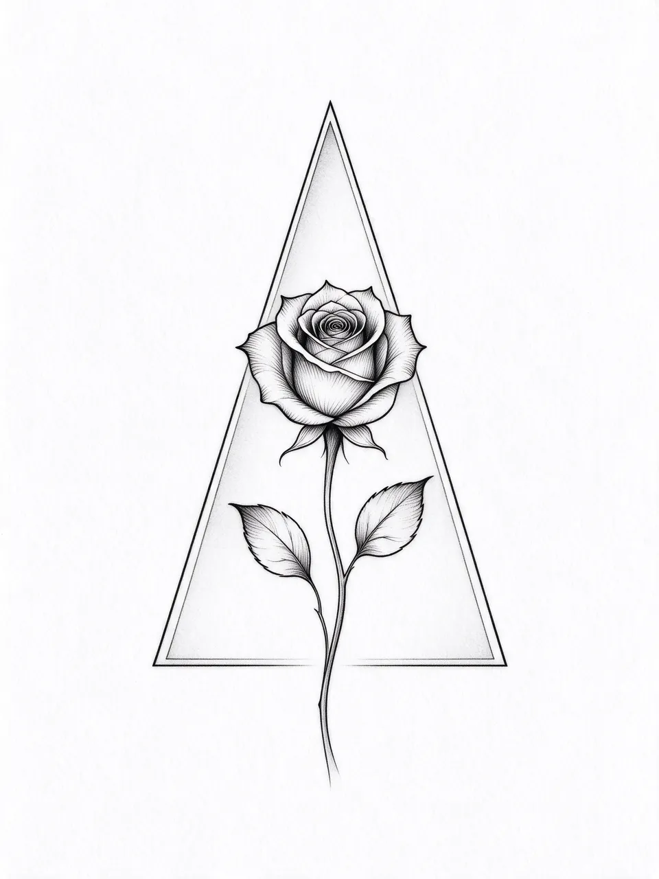 Delicate black ink fine line rose with two leaves centered inside a thin outlined triangle on plain white paper