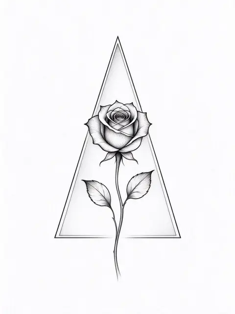 Delicate black ink fine line rose with two leaves centered inside a thin outlined triangle on plain white paper