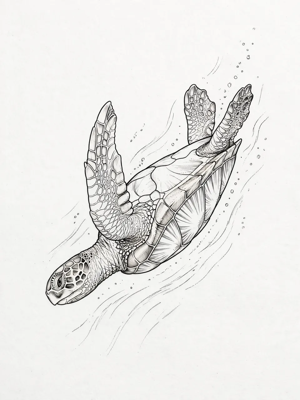 Detailed black fine line art of a diving sea turtle on plain off-white paper