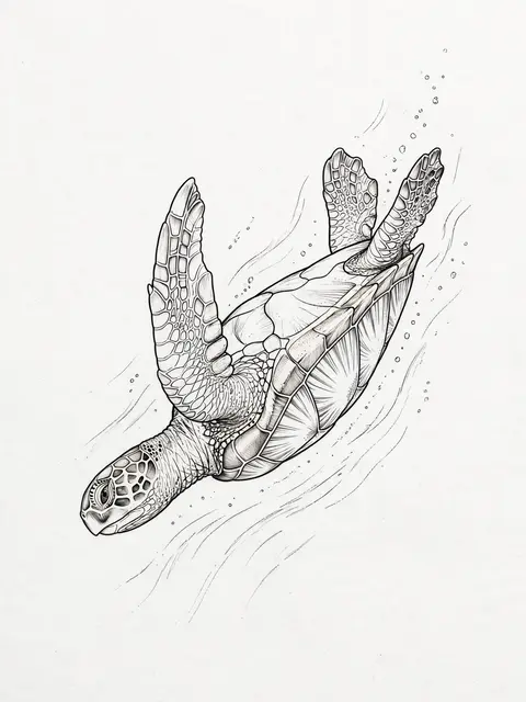 Detailed black fine line art of a diving sea turtle on plain off-white paper