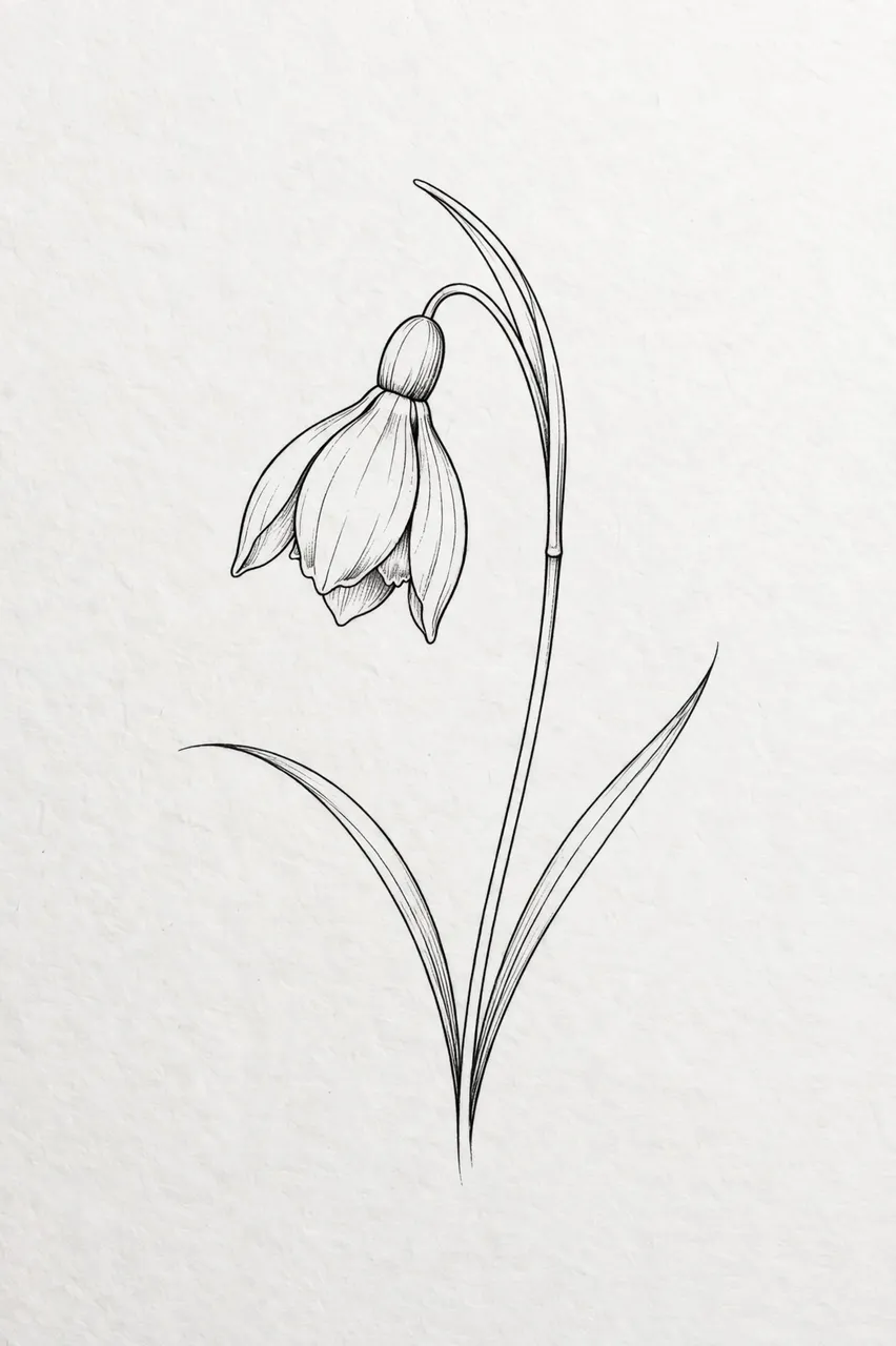 Delicate black fine line drawing of a nodding snowdrop flower on pale textured paper