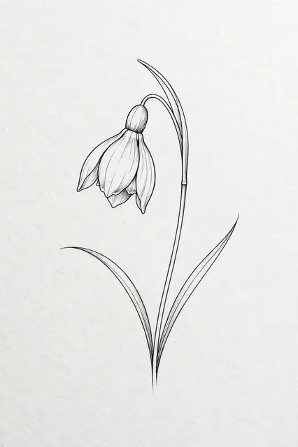 Delicate black fine line drawing of a nodding snowdrop flower on pale textured paper