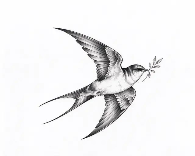 Detailed fine line tattoo illustration of a flying swallow carrying a small leaf sprig in its beak