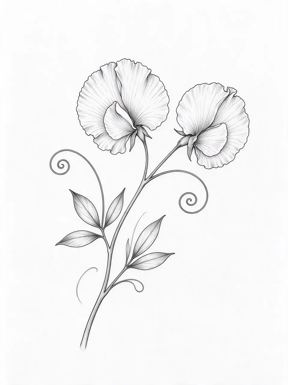 Delicate black fine line drawing of a sweet pea stem with two frilled blossoms and curling tendrils on plain white background