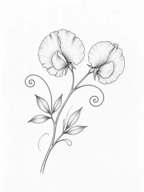 Delicate black fine line drawing of a sweet pea stem with two frilled blossoms and curling tendrils on plain white background