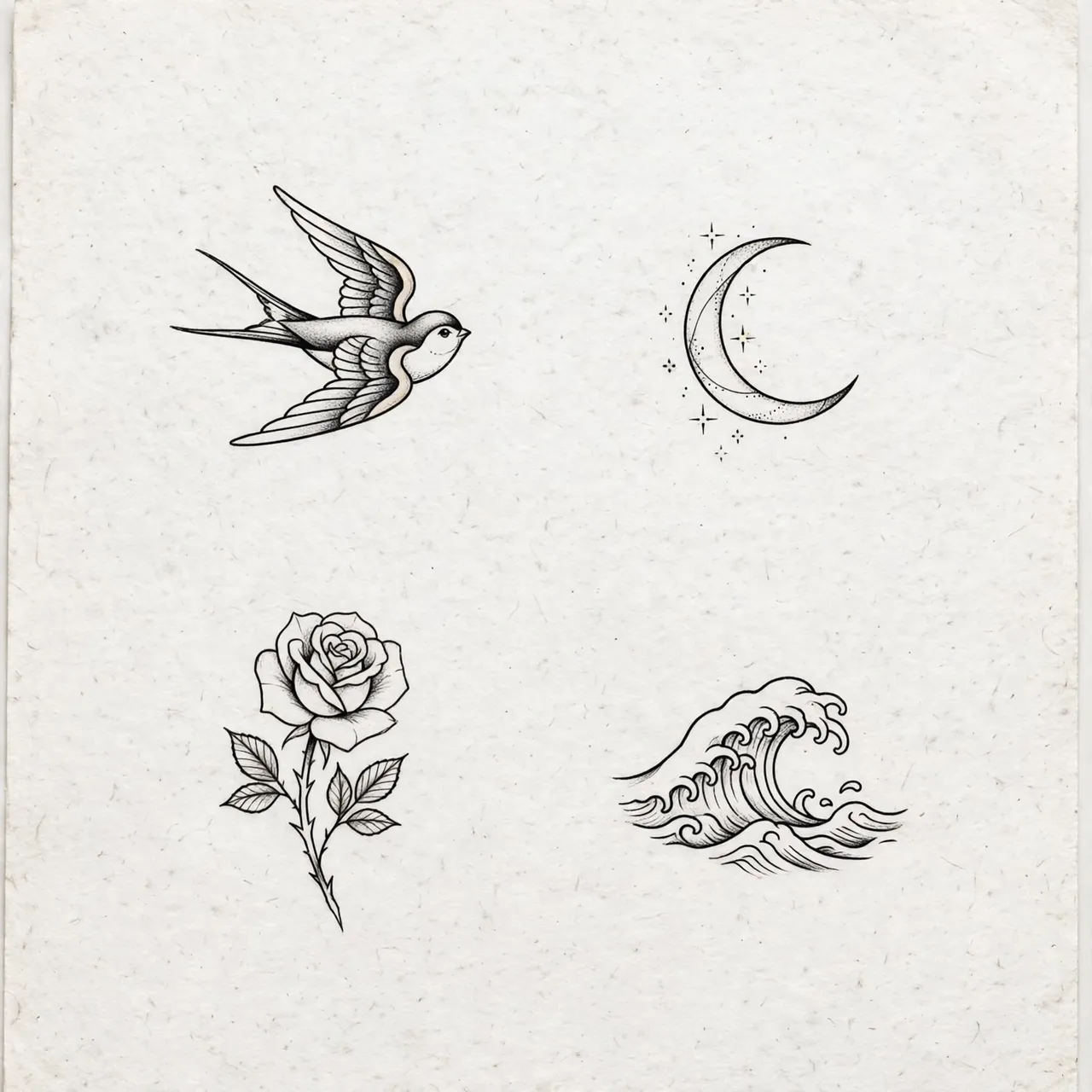 Four small fine line black ink tattoo designs arranged on textured off-white paper