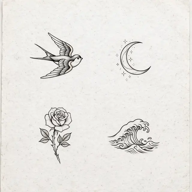 Four small fine line black ink tattoo designs arranged on textured off-white paper