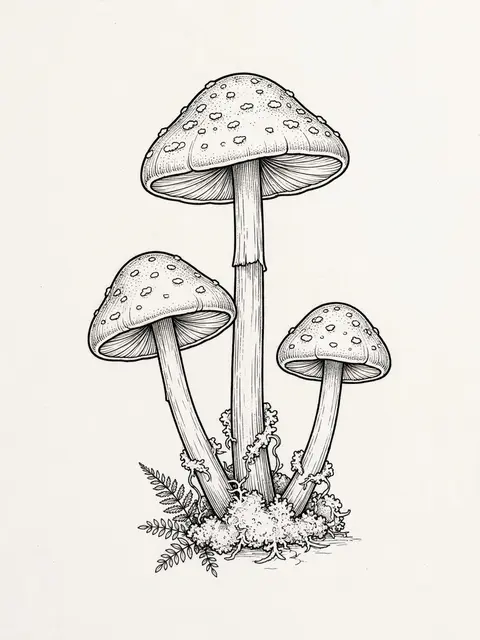 Monochrome fine line drawing of three varying-height spotted toadstools with moss and tiny ferns at their bases