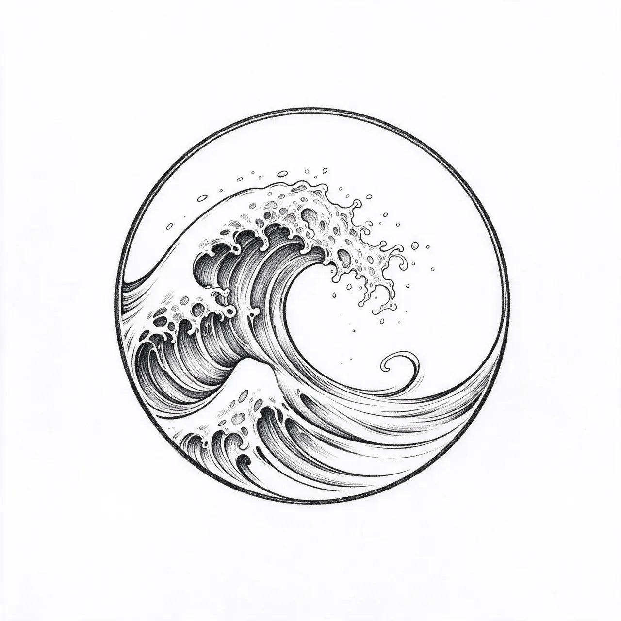 Delicate black ink fine line wave illustration enclosed in a thin circular ring on plain white paper