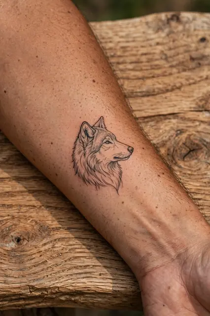Close-up of a fine line wolf head tattoo on a person's forearm resting on a rustic oak wooden surface