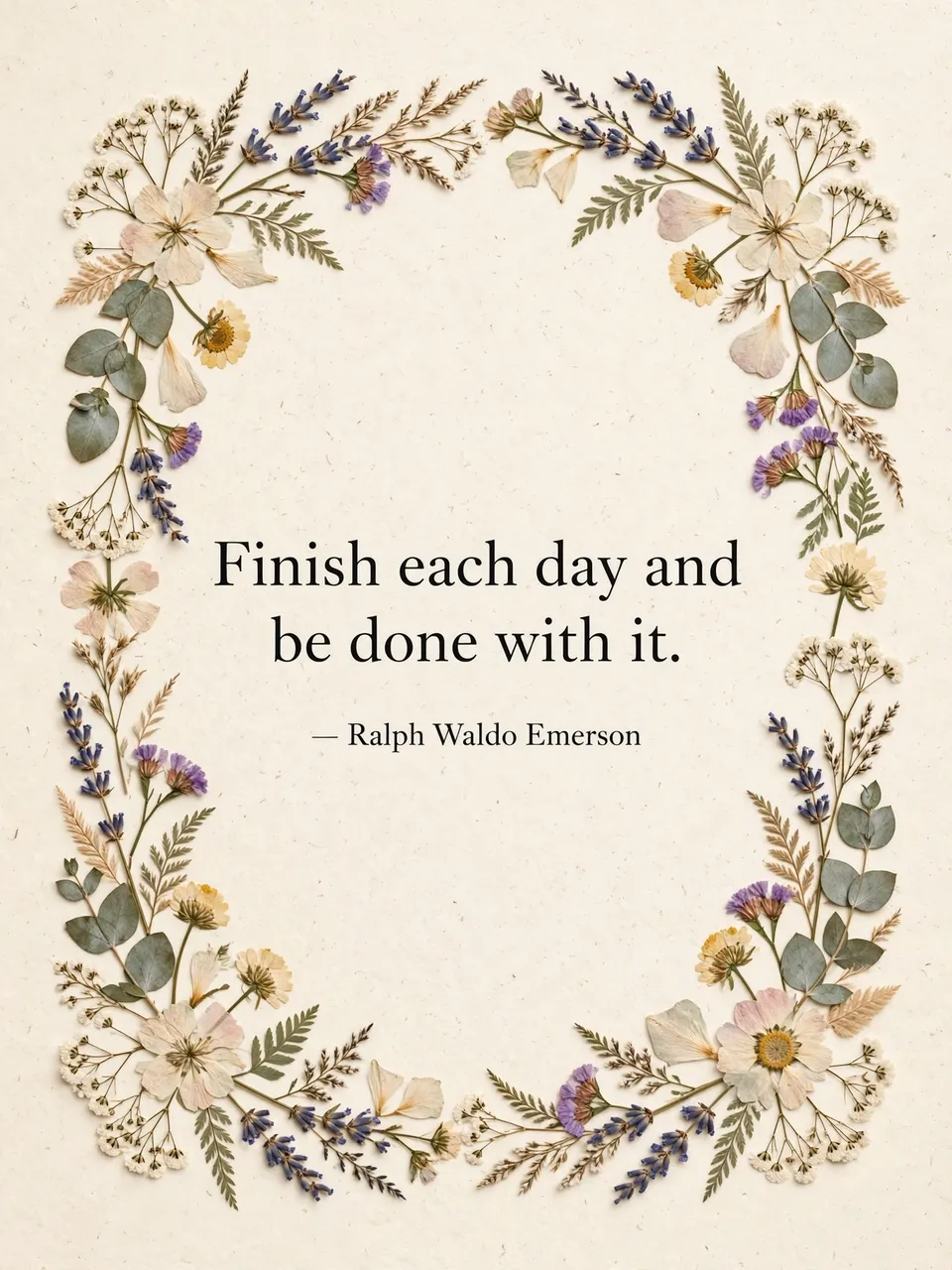 "Finish each day and be done with it. — Ralph Waldo Emerson" in black serif type framed by pressed flowers on a cream