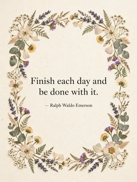 "Finish each day and be done with it. — Ralph Waldo Emerson" in black serif type framed by pressed flowers on a cream
