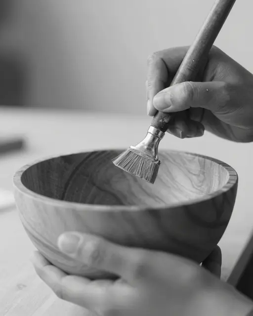 Black and white close-up of a person's hands brushing a turned wooden bowl during craft work