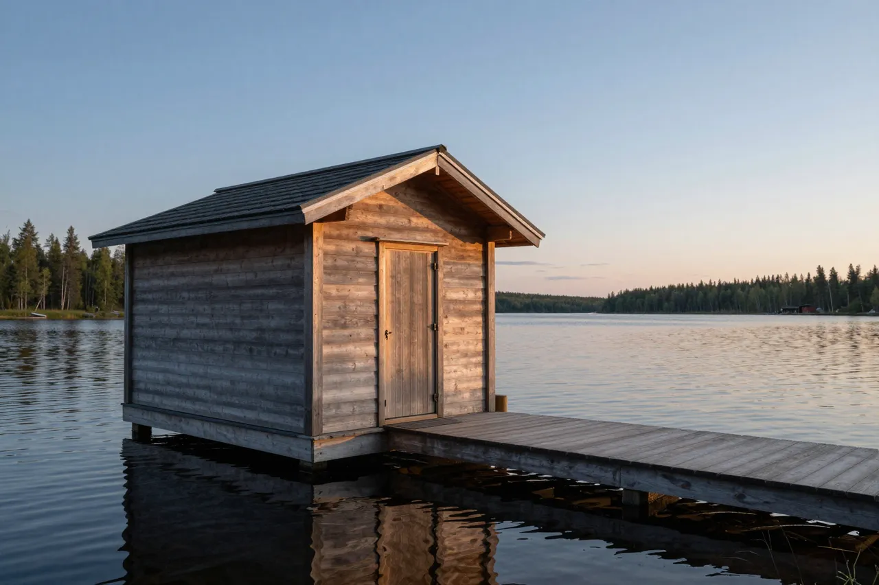 Wooden lakeside sauna on a wooden jetty under a pale twilight sky over a calm lake