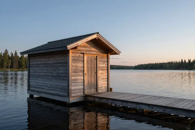 Wooden lakeside sauna on a wooden jetty under a pale twilight sky over a calm lake