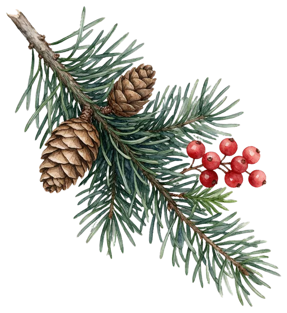 Watercolor illustration of a diagonal fir branch with green needles, brown pinecones, and bright red berries