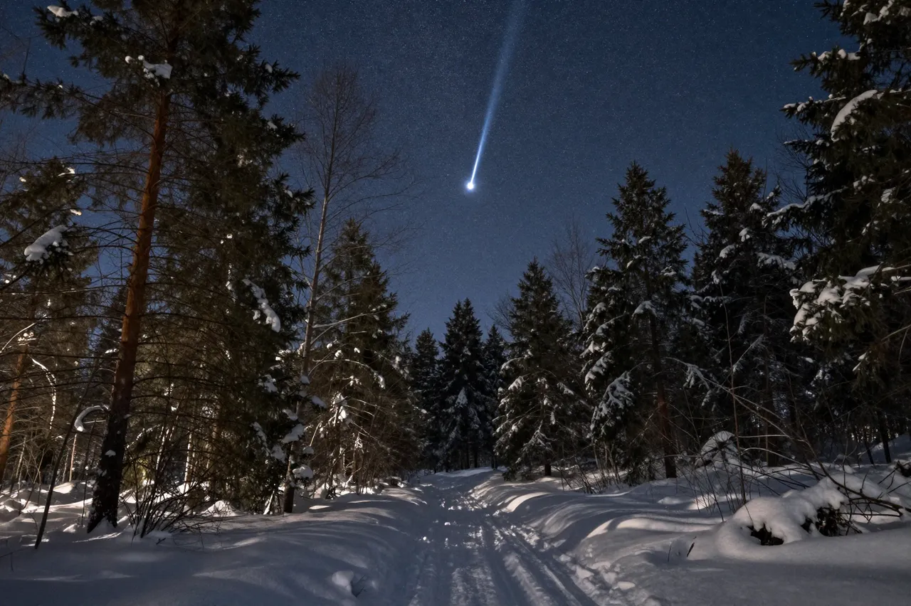 A bright streaking fireball meteor hangs in the night sky above a snow covered winter forest trail.