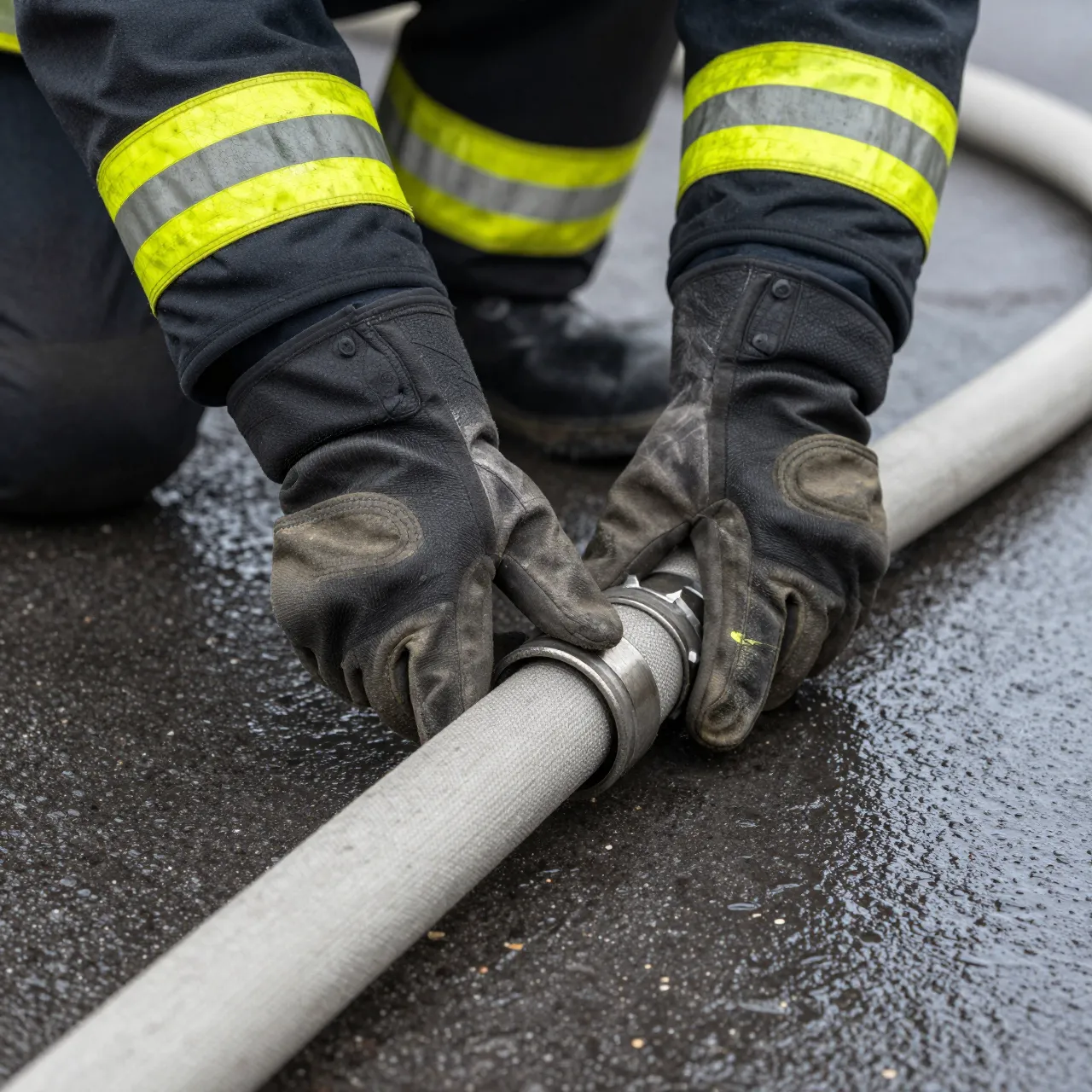 Close-up of gloved firefighter hands coupling two fire hoses on wet asphalt pavement
