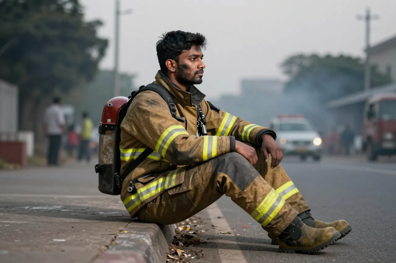 A South Asian firefighter sits on a street curb resting after responding to a fire at dusk