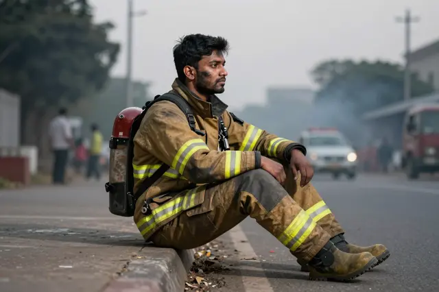 A South Asian firefighter sits on a street curb resting after responding to a fire at dusk