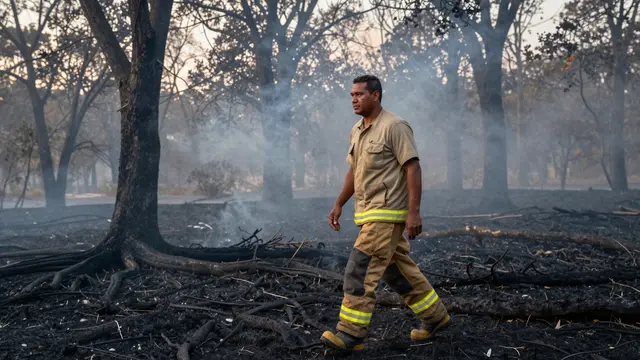 Pacific Islander firefighter walks side view through smoldering burned forest at dawn as smoke drifts through trees