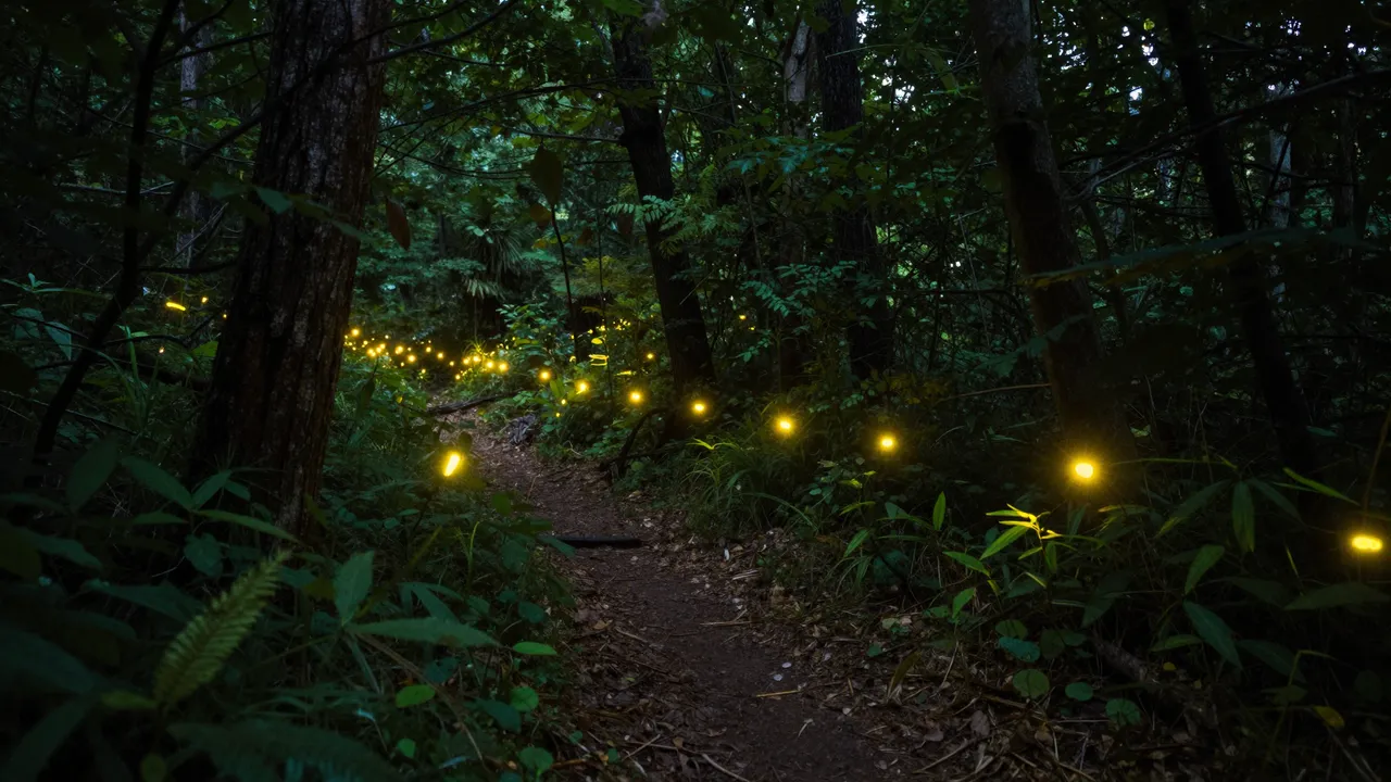Long exposure view of glowing fireflies lighting a dirt trail through a dark summer forest