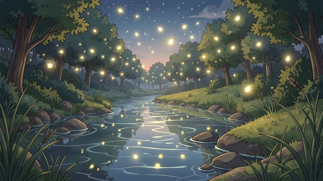 Glowing fireflies drift above a quiet forest stream on a calm warm summer night