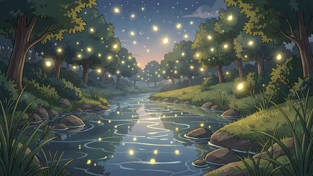 Glowing fireflies drift above a quiet forest stream on a calm warm summer night