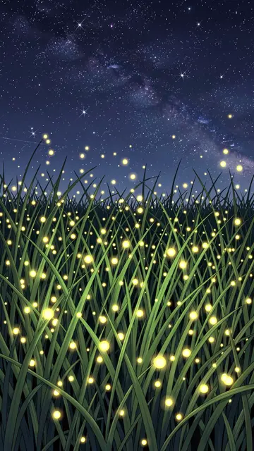 Glowing yellow fireflies drift through tall green grass beneath a dense milky way starry night sky