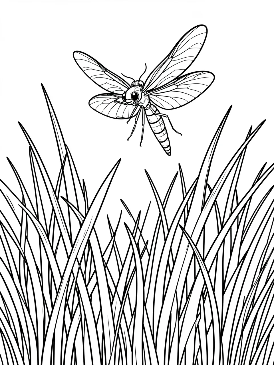 Black and white line art of a flying firefly above tall grass on a white background