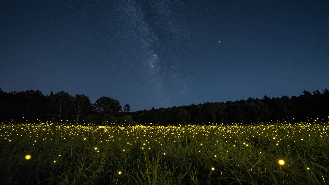 Glowing fireflies fill a grassy meadow under a starry Milky Way sky above a dark treeline horizon