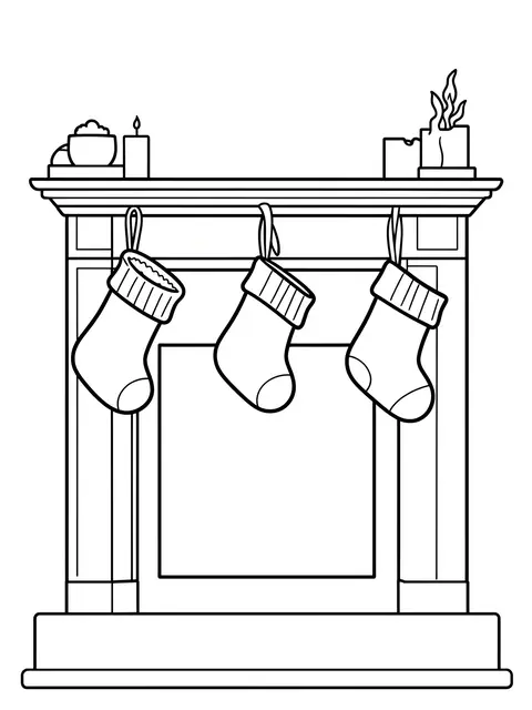 Bold black and white line art of a fireplace mantel with three hanging Christmas stockings
