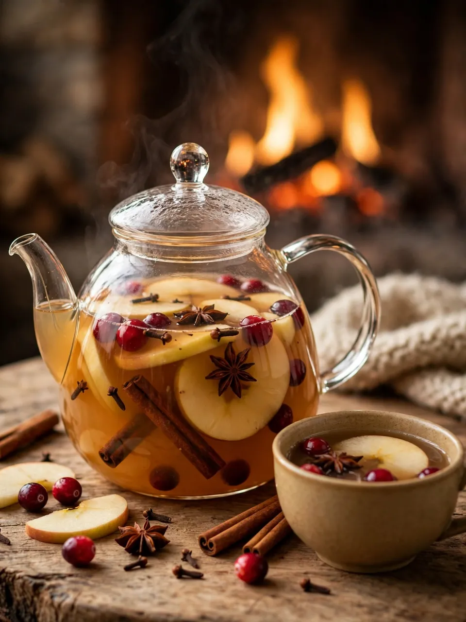 Glass teapot of spiced mulled apple cider beside a filled cup, with a glowing fireplace in the blurred background