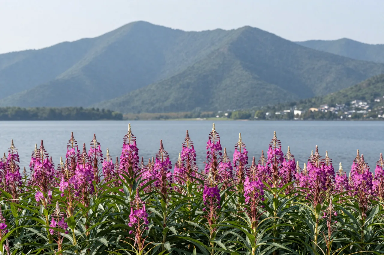 Vibrant purple fireweed flowers grow in the foreground, with a calm lake and hazy green mountains behind.