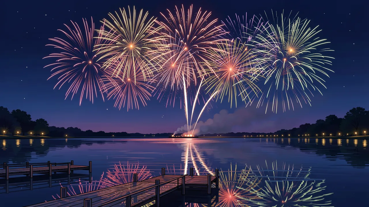 Colorful fireworks burst over a calm lake with wooden piers under a starry night sky