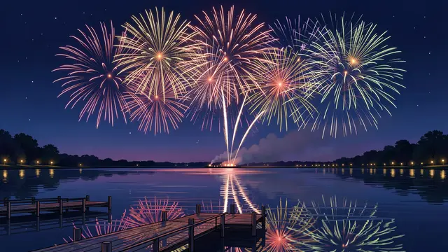 Colorful fireworks burst over a calm lake with wooden piers under a starry night sky